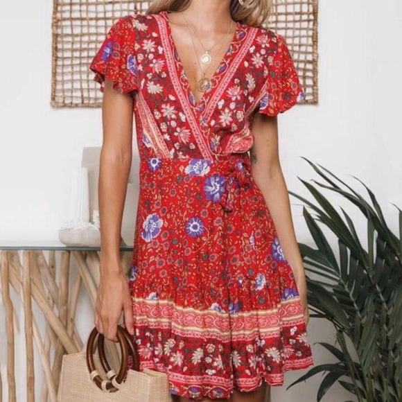 Red Mini Blue Floral Ruffle Wrap Dress - Picture 9 of 14